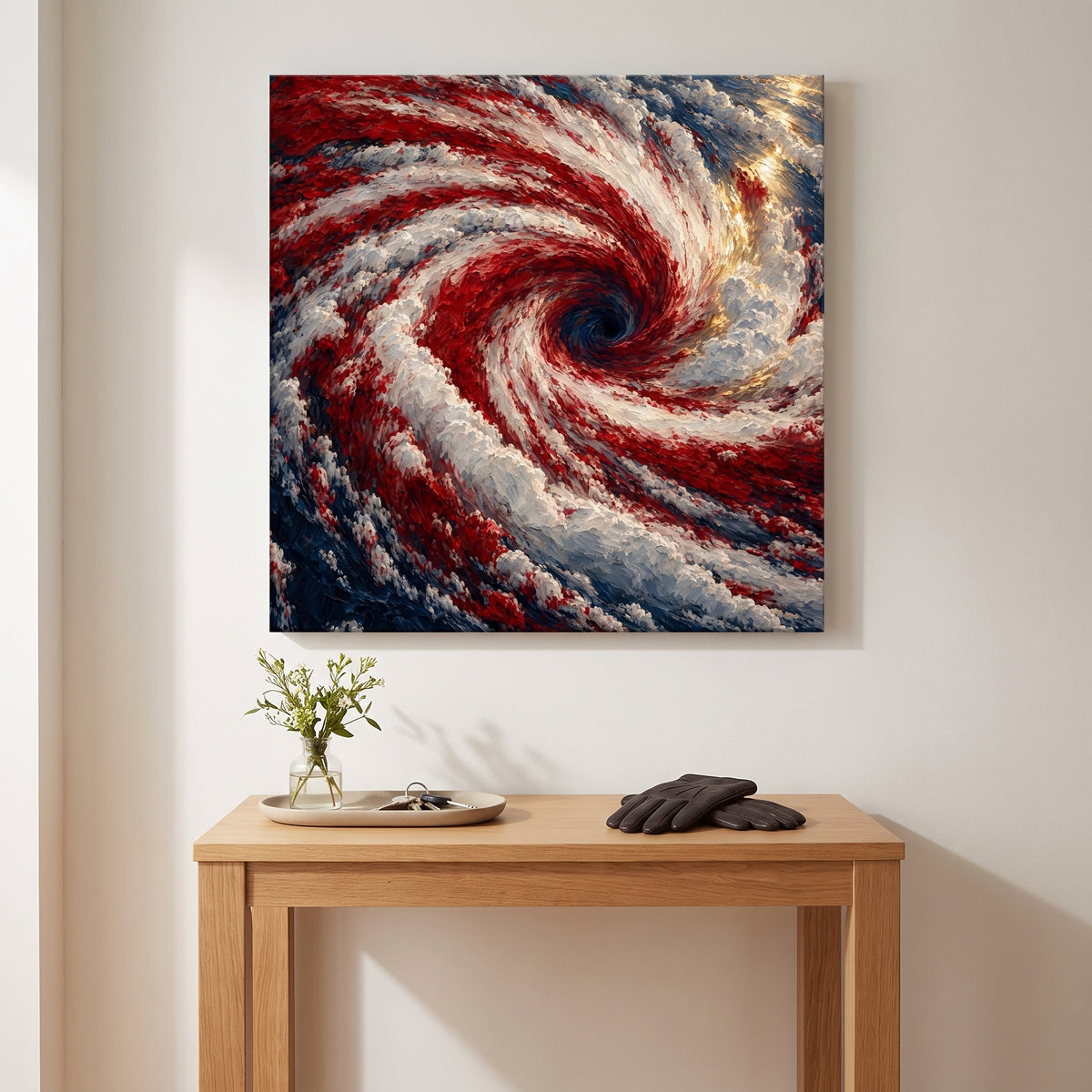 The Great Spiral – storm spiraling in red, white and blue seen from above, patriotic canvas wall art above an oak console in an entryway