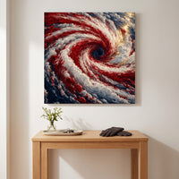 The Great Spiral – storm spiraling in red, white and blue seen from above, patriotic canvas wall art above an oak console in an entryway
