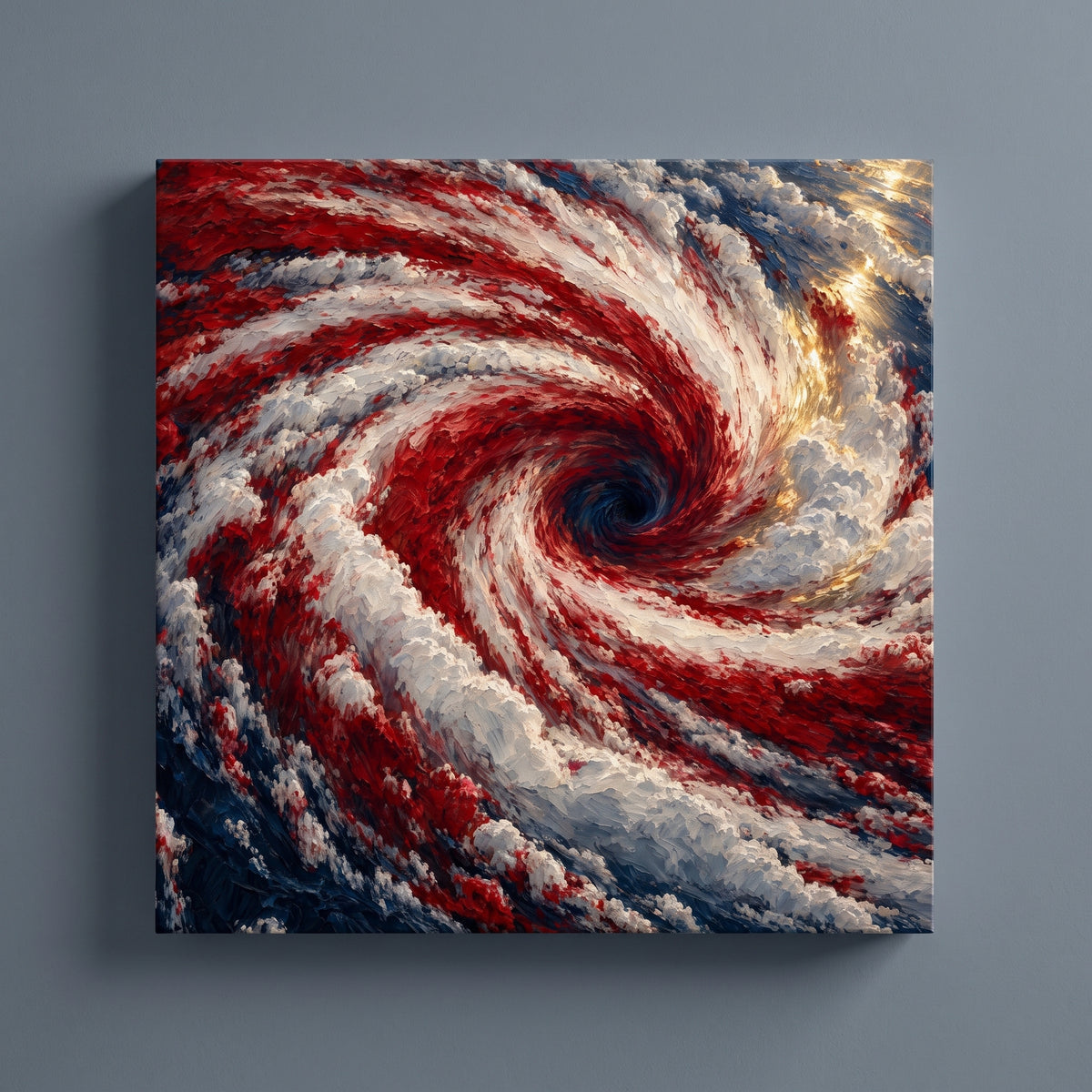 The Great Spiral – storm spiraling in red, white and blue seen from above, patriotic canvas wall art on a slate grey wall