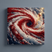 The Great Spiral – storm spiraling in red, white and blue seen from above, patriotic canvas wall art on a slate grey wall