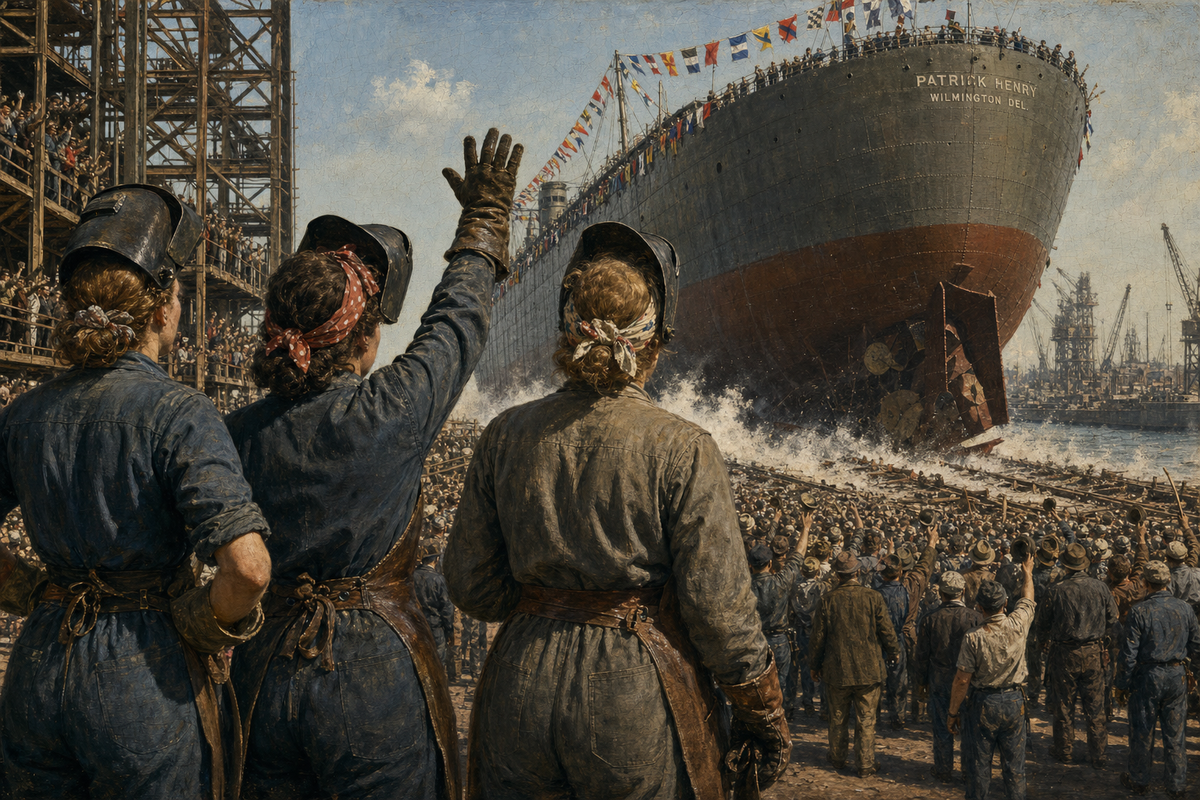 Launching a Liberty Ship - detail of the artwork