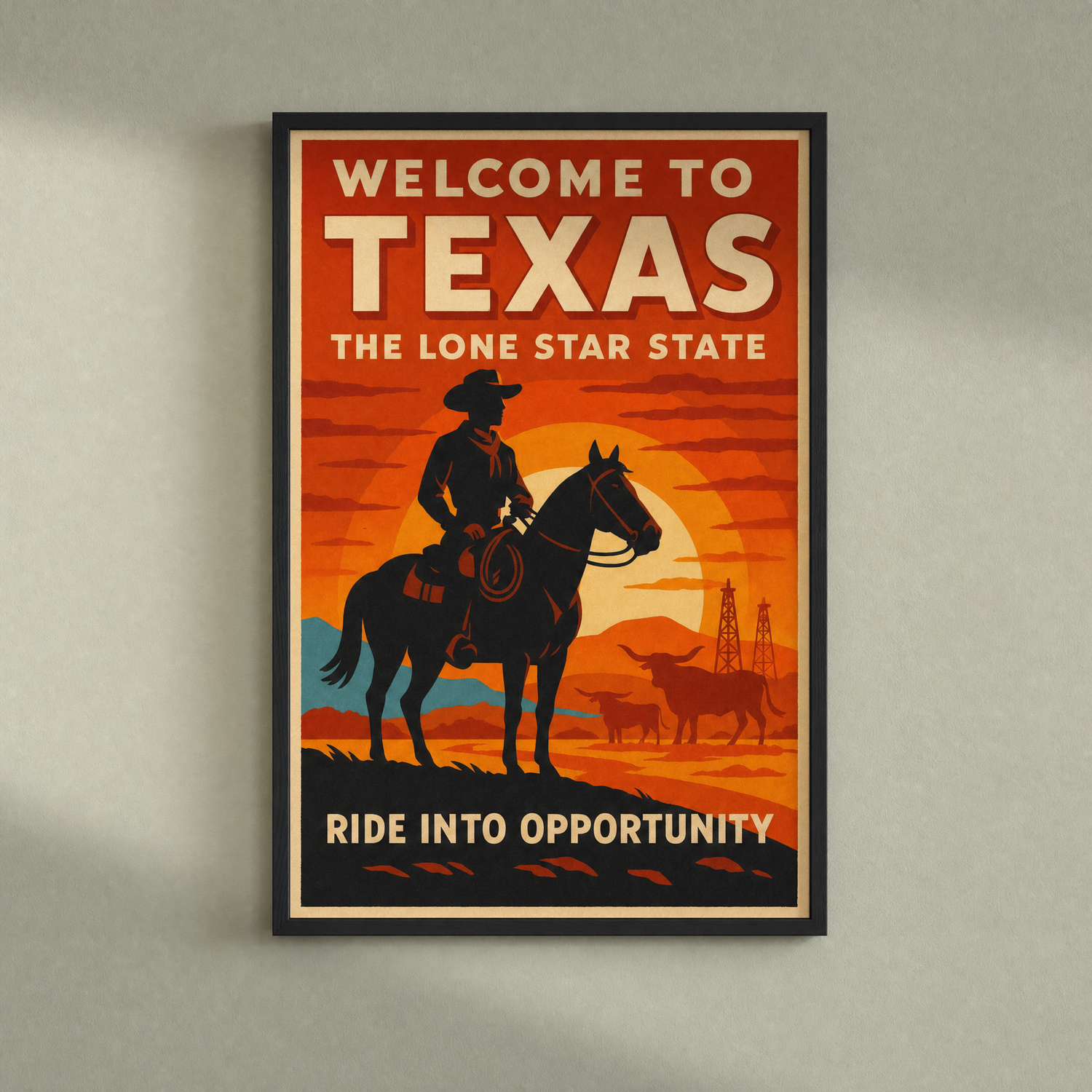 Texas travel-poster print in a slim black frame, shown on a soft grey-green wall — ready to hang.