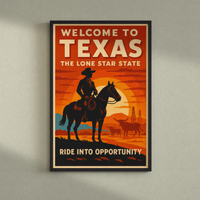 Texas travel-poster print in a slim black frame, shown on a soft grey-green wall — ready to hang.