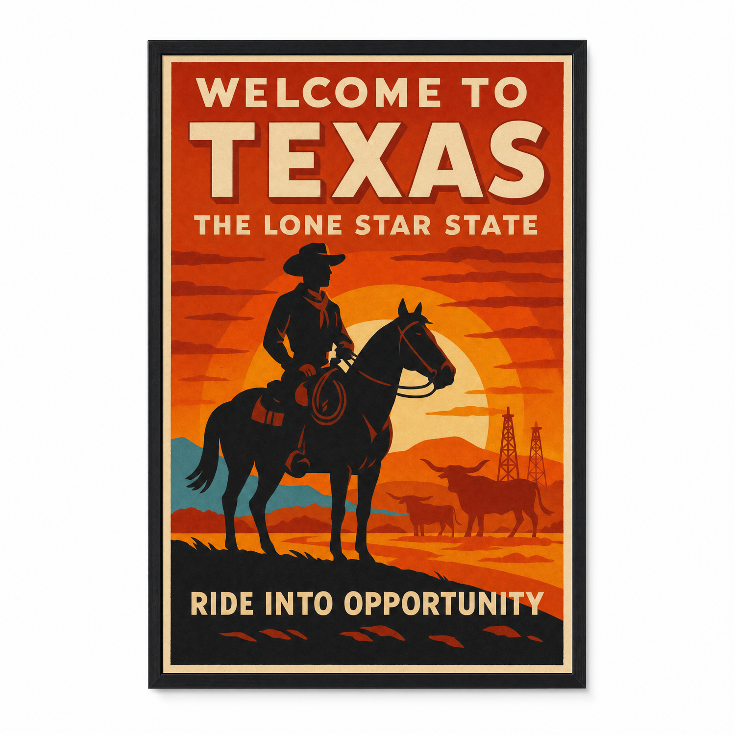 Texas travel-poster print, clean studio product view on museum-quality canvas in a black frame.