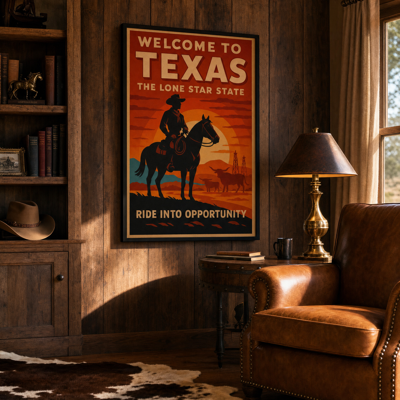 Texas travel-poster print, 24x36 inch, shown on a wood-paneled wall in a western-style den.