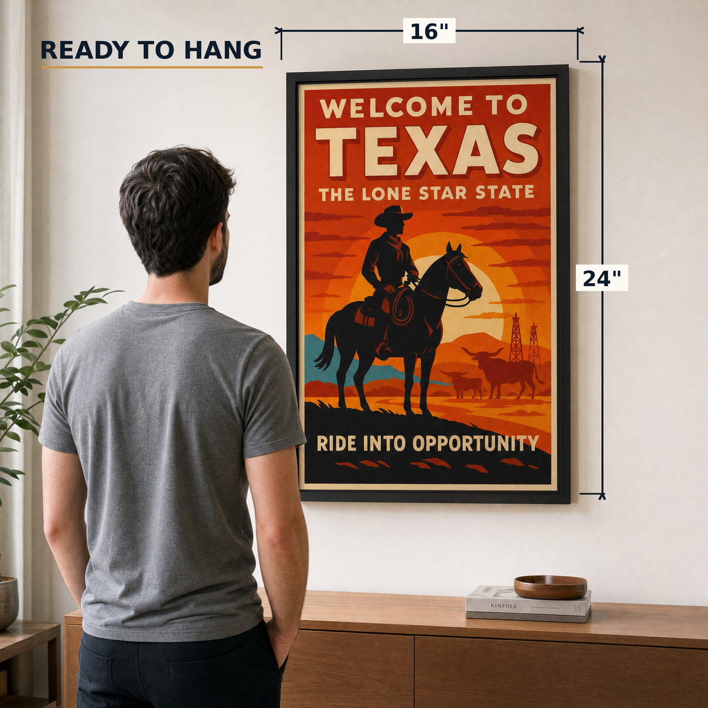 Texas travel-poster print, 16x24 inch, shown beside a man for scale — ready to hang out of the box.