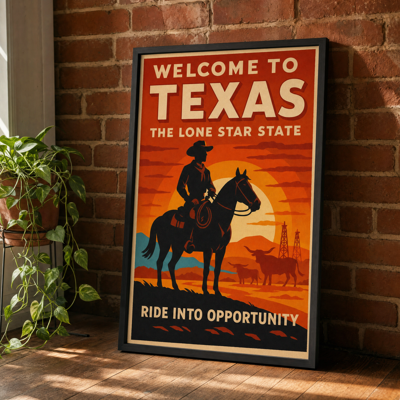 Texas travel-poster print leaning against an exposed brick wall in a black frame.