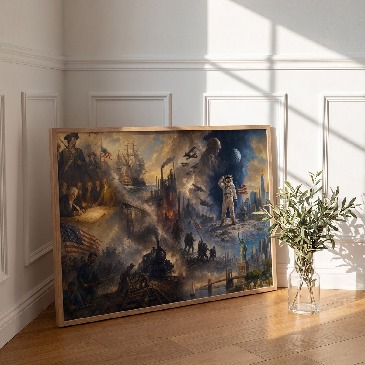 The American Epic framed print leaning against a white paneled wall