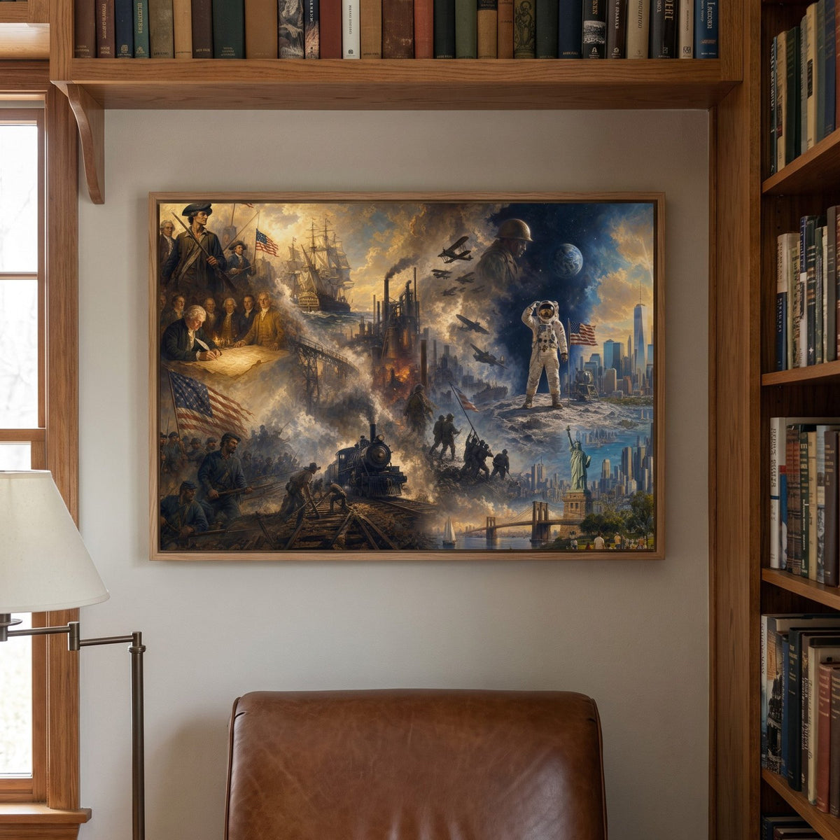The American Epic framed print on a library wall between bookshelves