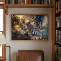 The American Epic framed print on a library wall between bookshelves