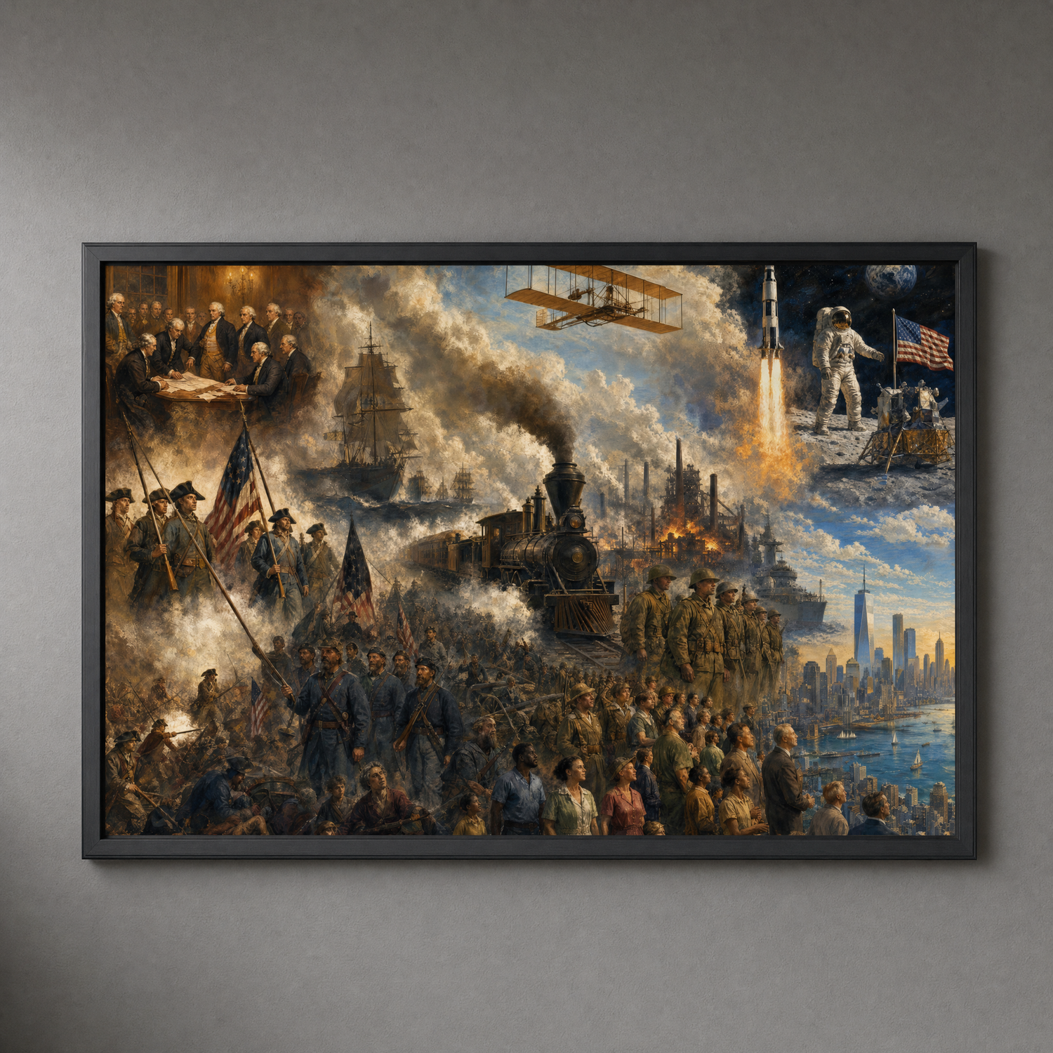 The American Odyssey framed print in a slim matte black frame, shown on a slate-grey wall — a panoramic sweep of American history, ready to hang.
