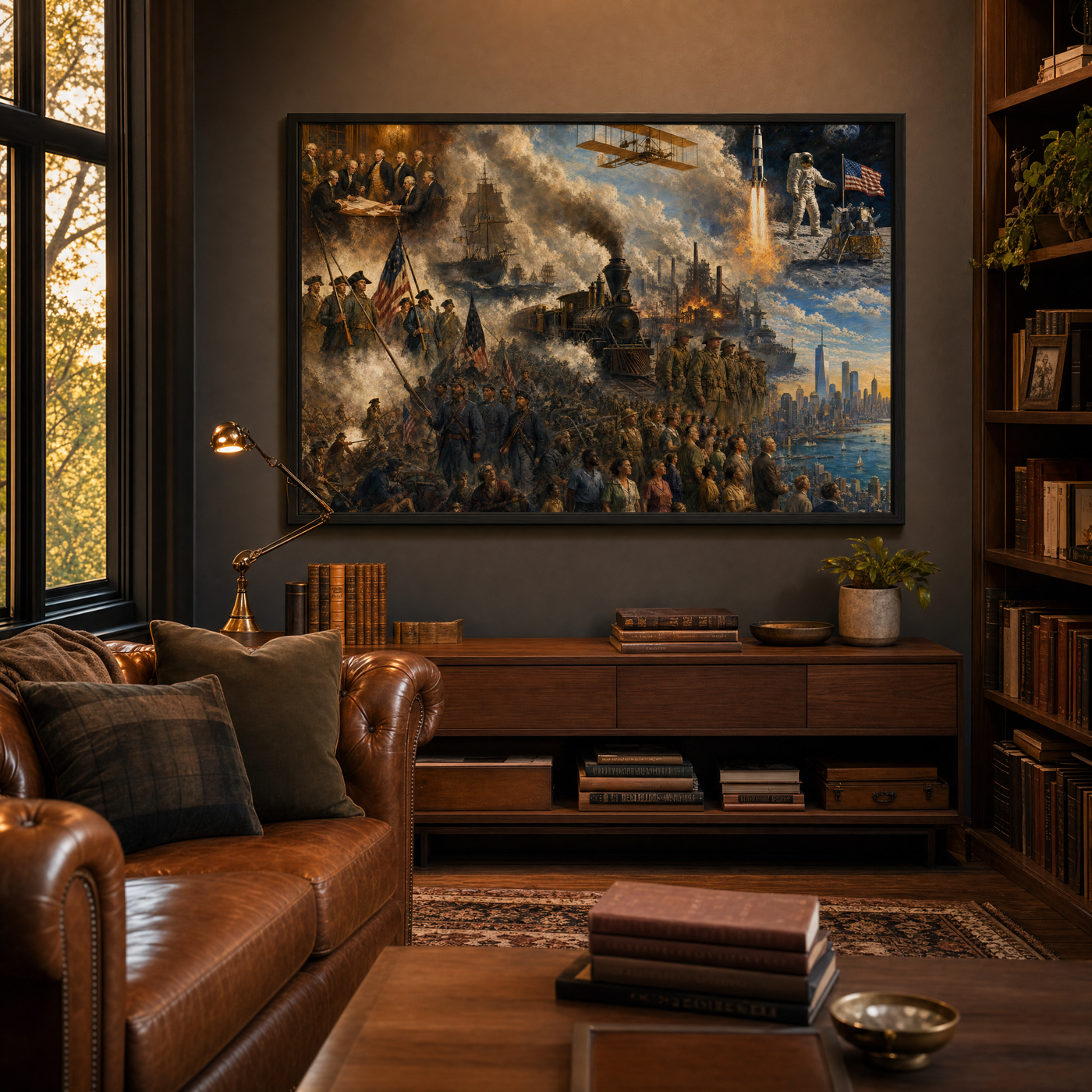 The American Odyssey framed print, 36x24 inch, shown above a walnut console in a warm study with a leather sofa.