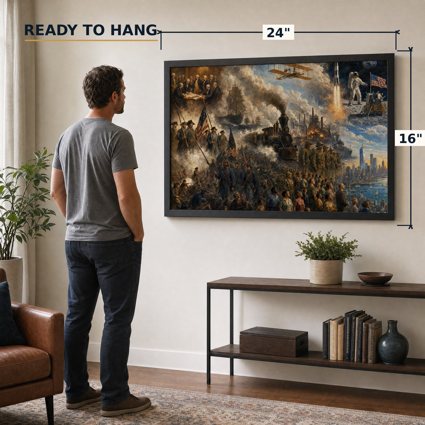 The American Odyssey framed print, 24x16 inch, shown beside a man for scale — ready to hang out of the box.