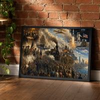 The American Odyssey framed print leaning against an exposed brick wall in a black frame.