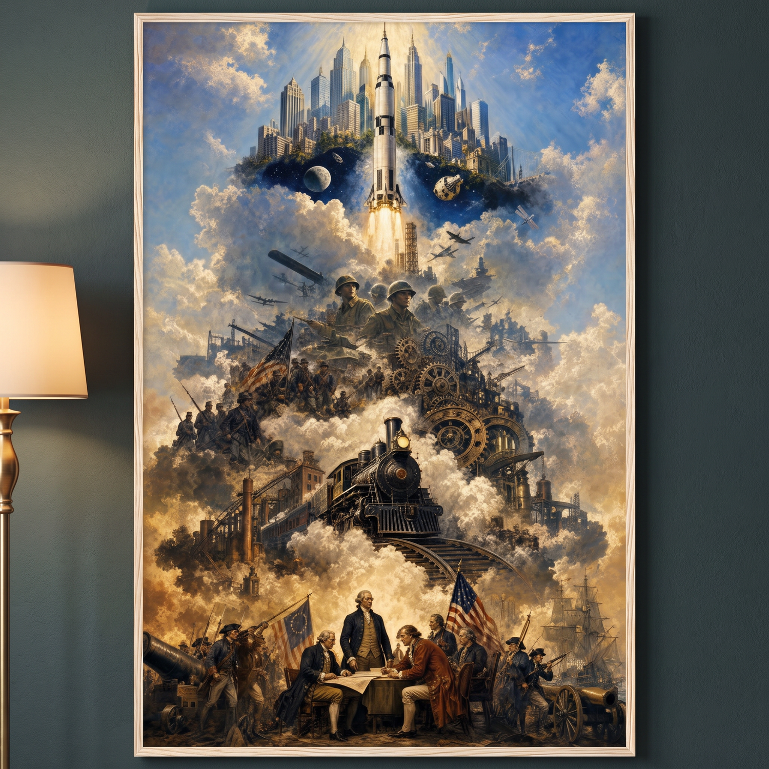 The Ascent of a Nation framed art print in natural oak wood frame hanging on a deep navy-green wall
