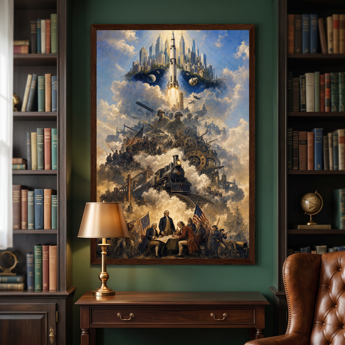 The Ascent of a Nation in dark walnut frame above a console table in a traditional study, shown in 28x40 inches