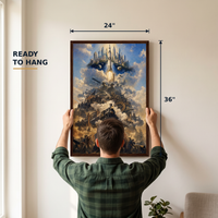 Ready to hang - The Ascent of a Nation 24x36 inch dark walnut framed print held against a wall for scale