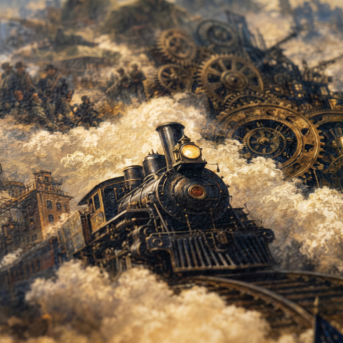 Close-up print detail of The Ascent of a Nation showing the locomotive on museum-quality matte fine art paper