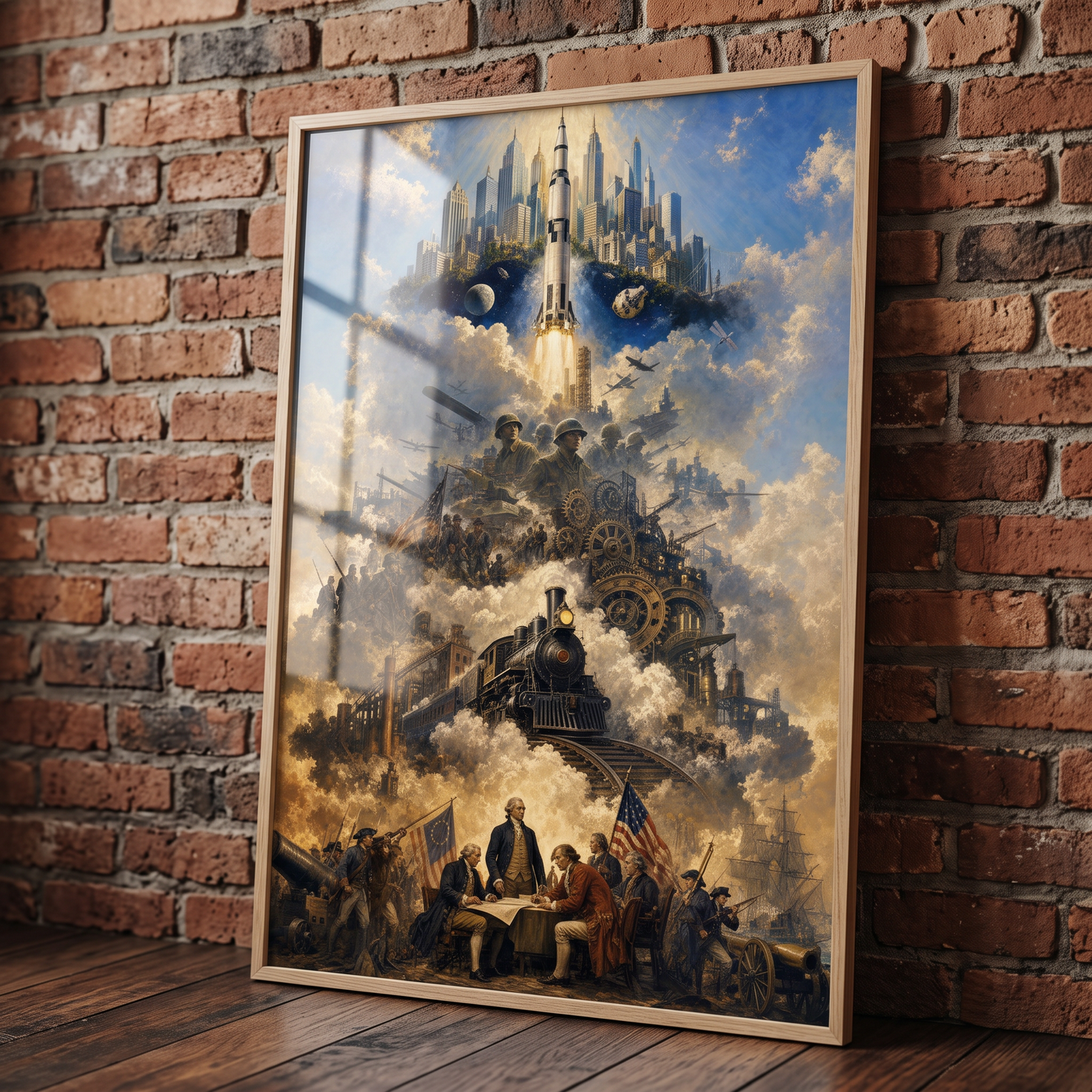 The Ascent of a Nation framed print in oak leaning against an exposed brick wall