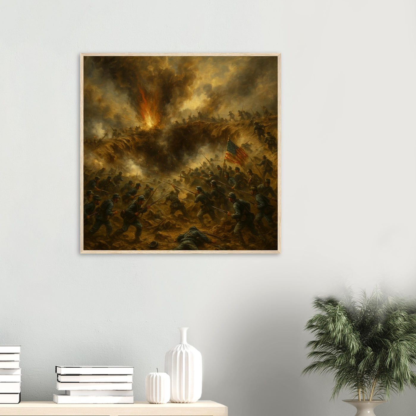 Framed print of the explosion and assault at the Battle of the Crater, ready to hang.
