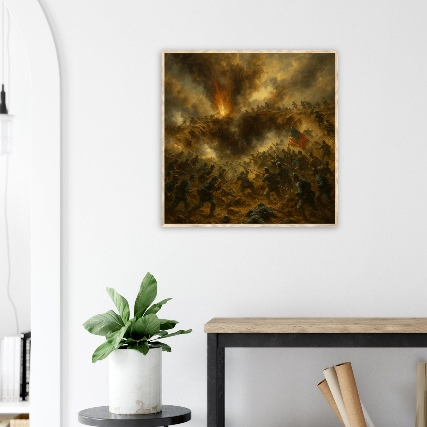 Framed print of the explosion and assault at the Battle of the Crater, ready to hang.