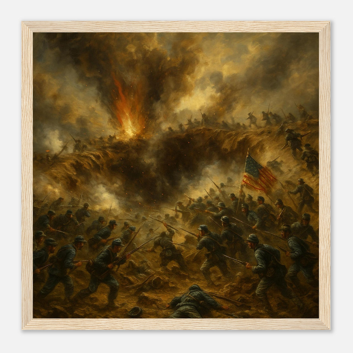 Framed print of the explosion and assault at the Battle of the Crater, ready to hang.