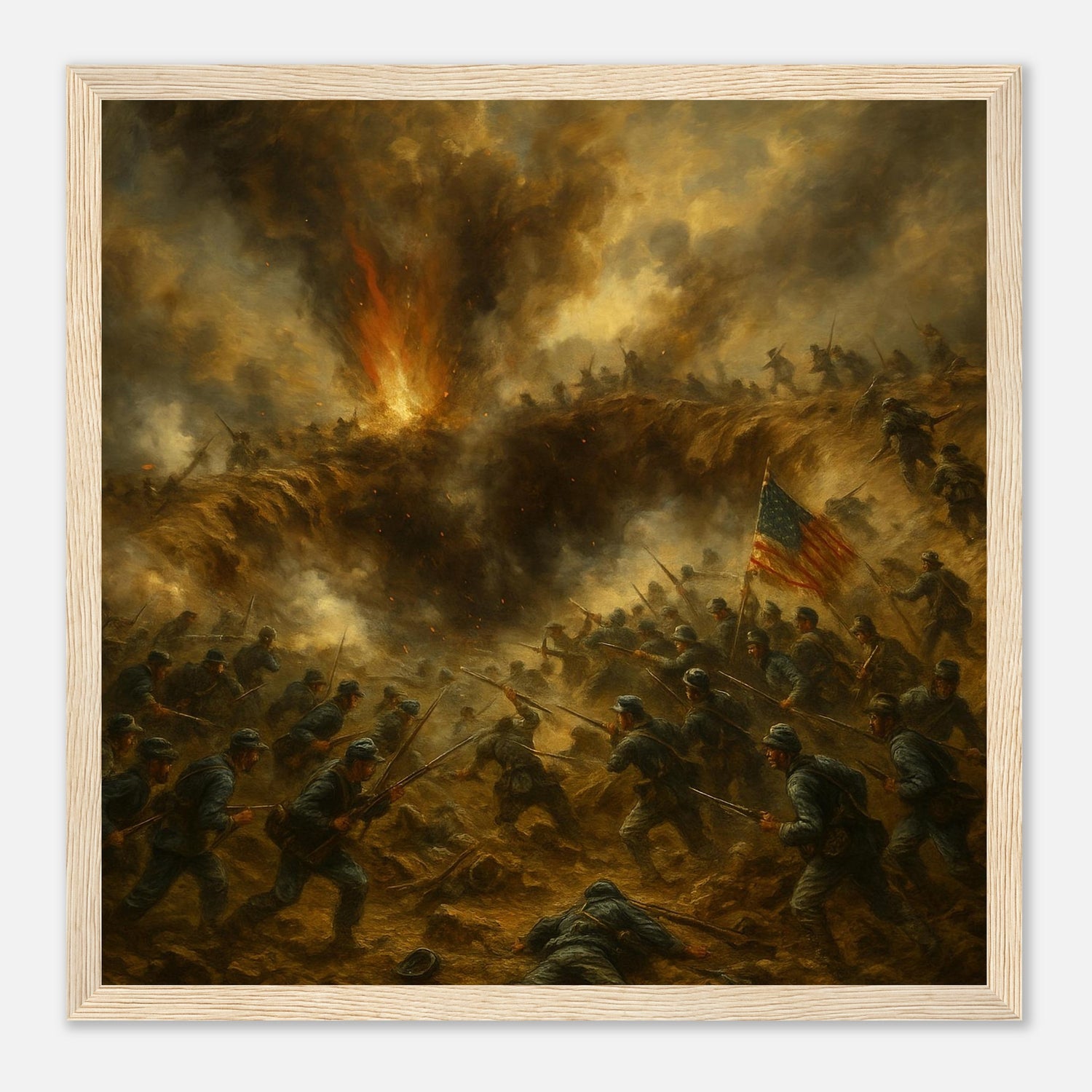 Framed print of the explosion and assault at the Battle of the Crater, ready to hang.