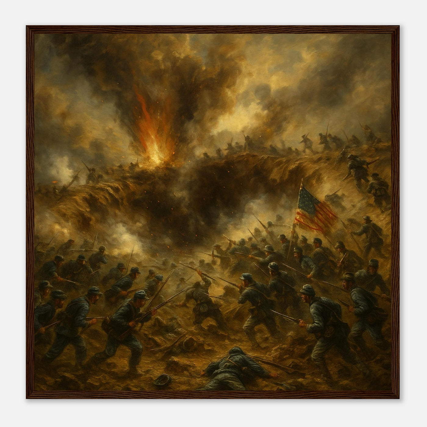 Framed print of the explosion and assault at the Battle of the Crater, ready to hang.