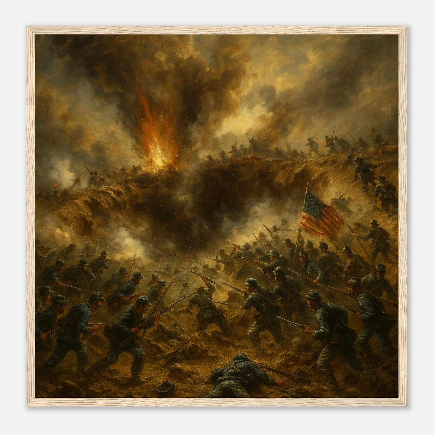 Framed print of the explosion and assault at the Battle of the Crater, ready to hang.