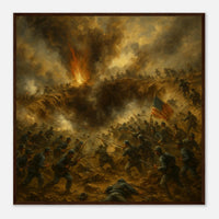 Framed print of the explosion and assault at the Battle of the Crater, ready to hang.