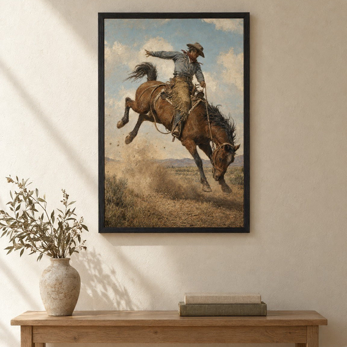 The Bronco Buster framed print above a wooden console table