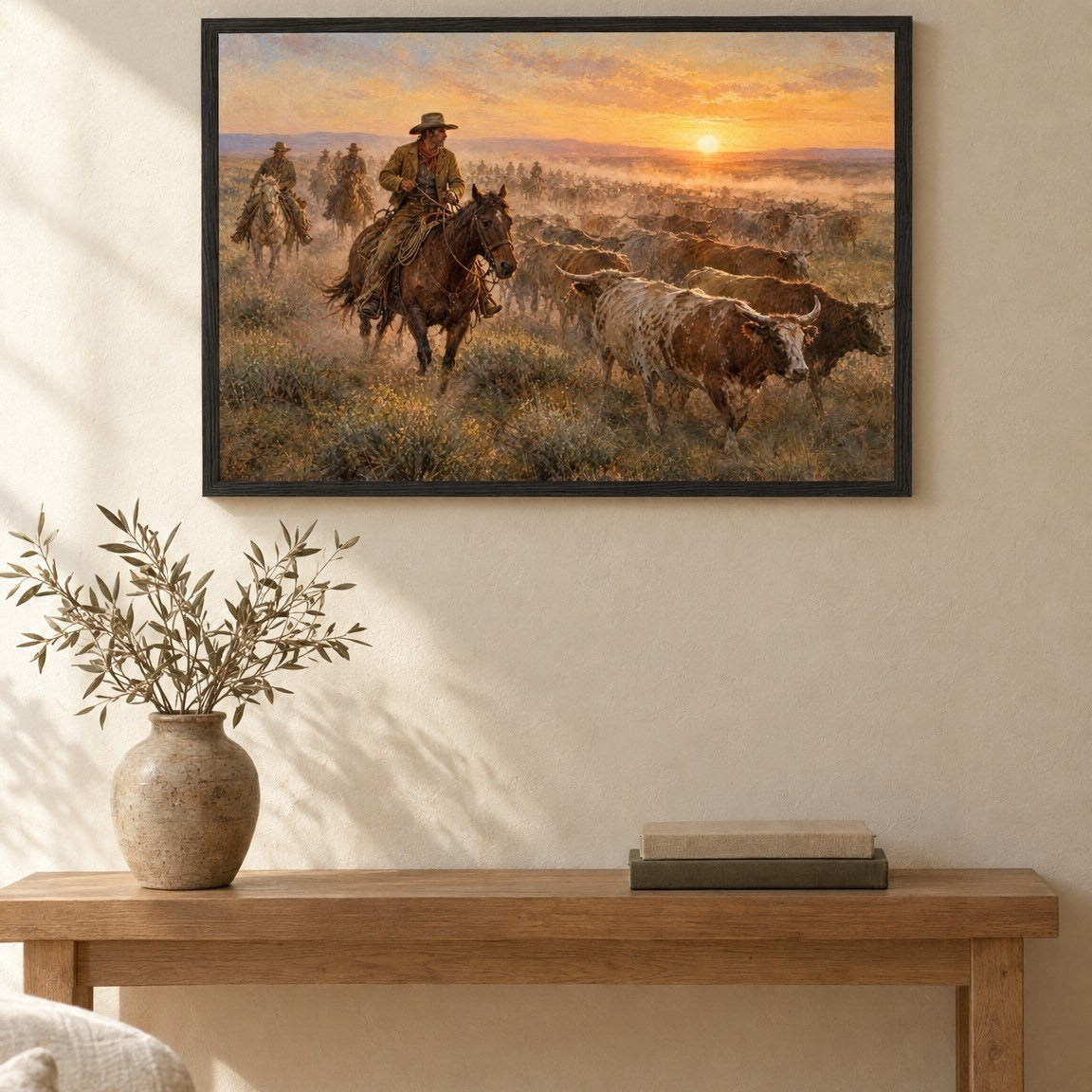 The Cattle Drive — Sunset framed print above a wooden console table