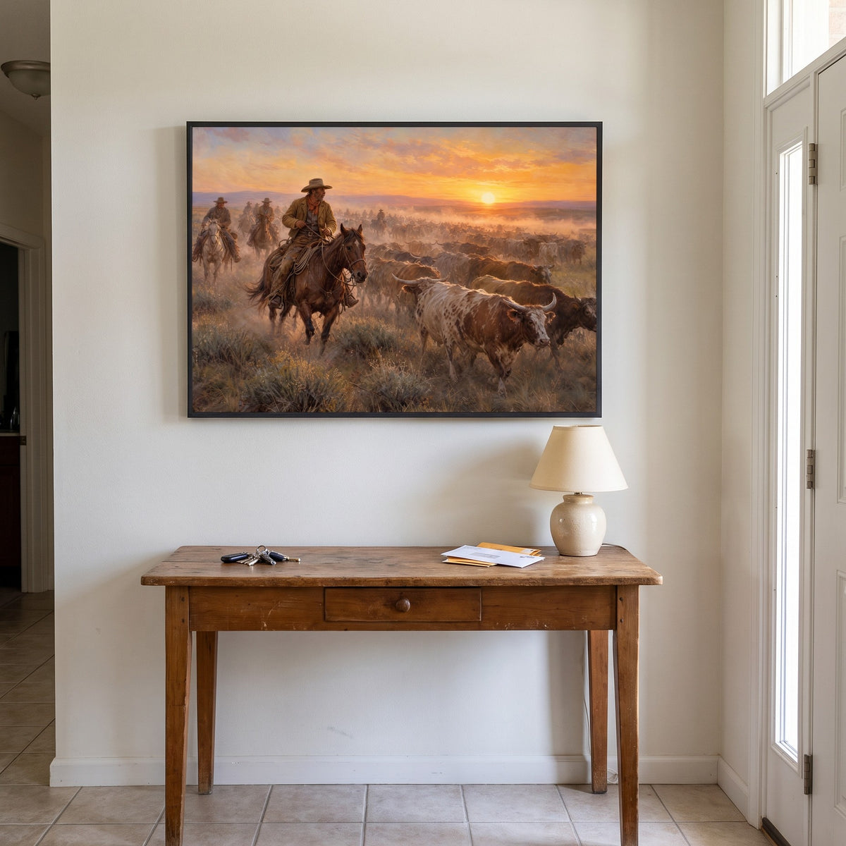 The Cattle Drive — Sunset framed print in an entry hall