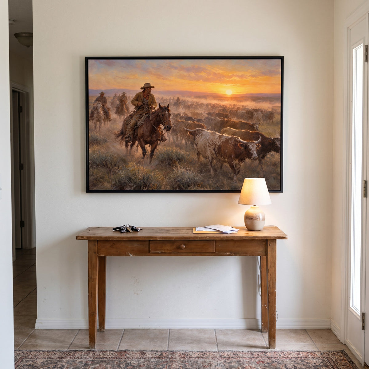 The Cattle Drive — Sunset framed print in an entry hall