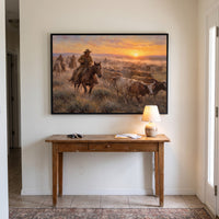 The Cattle Drive — Sunset framed print in an entry hall