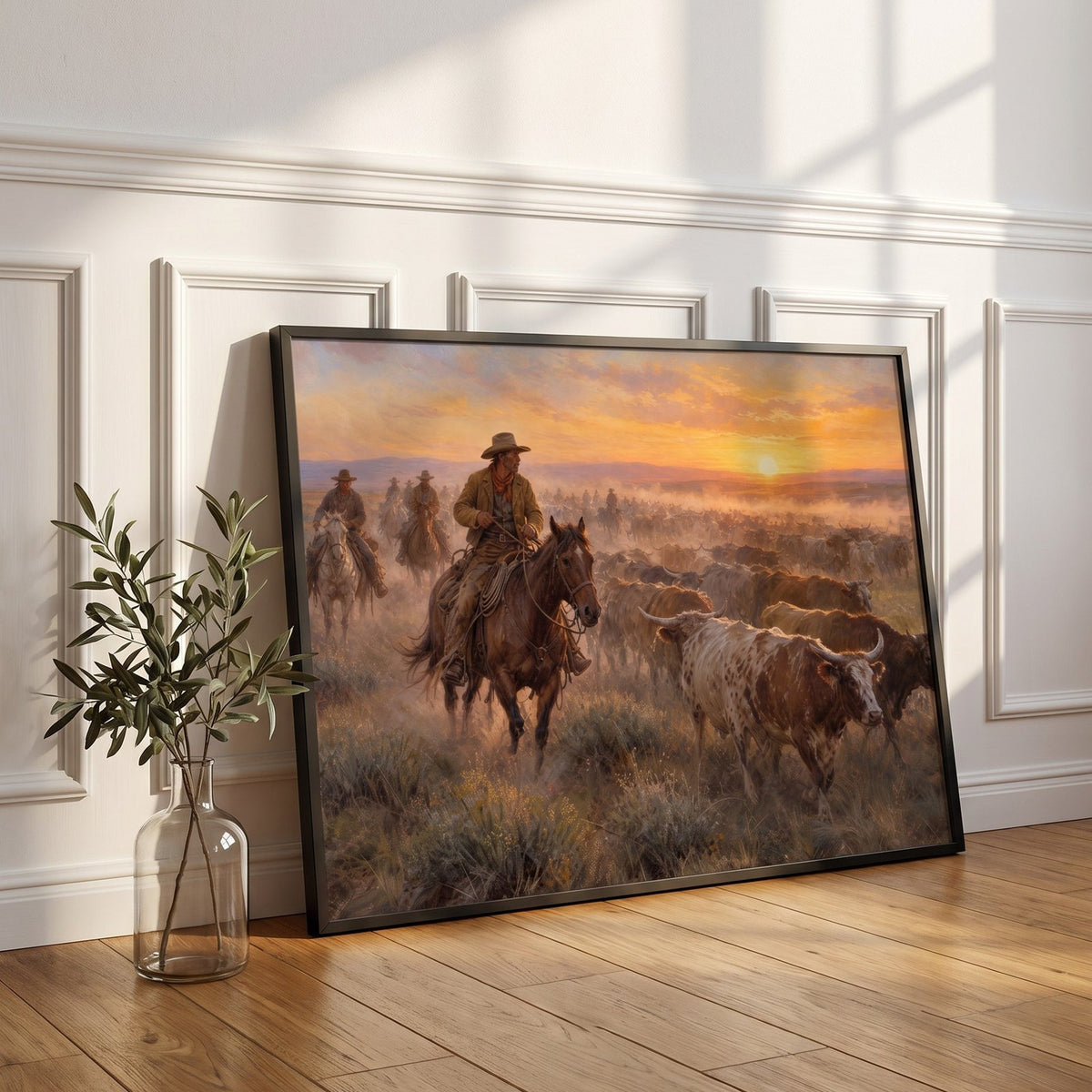 The Cattle Drive — Sunset framed print leaning against a white paneled wall