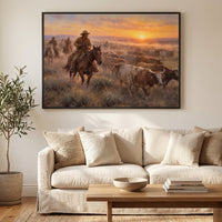 The Cattle Drive — Sunset framed print in a living room