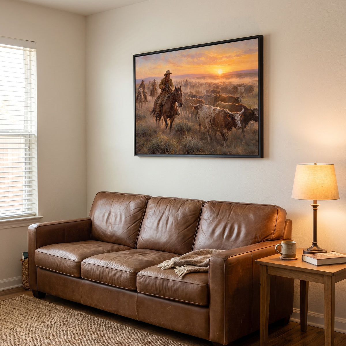 The Cattle Drive — Sunset framed print in a living room