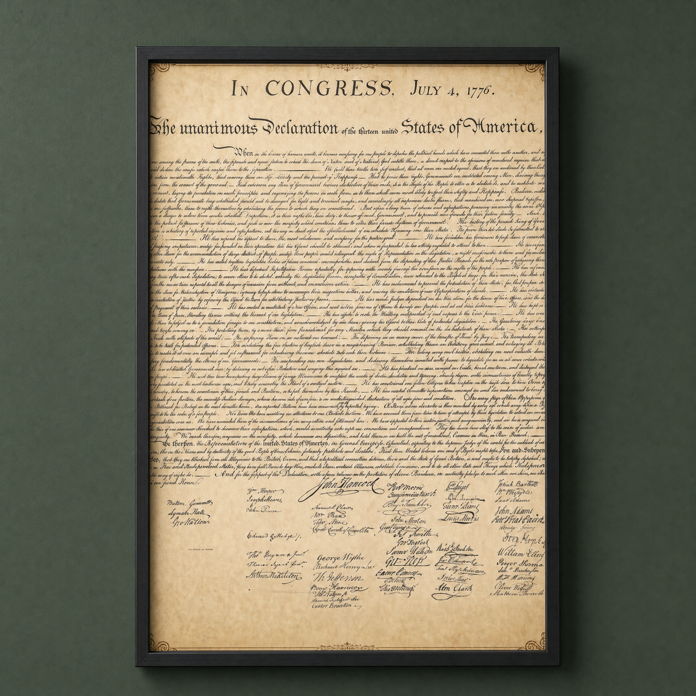 The Declaration of Independence framed print in a slim matte black frame on a deep green wall — the full text on aged parchment, ready to hang.