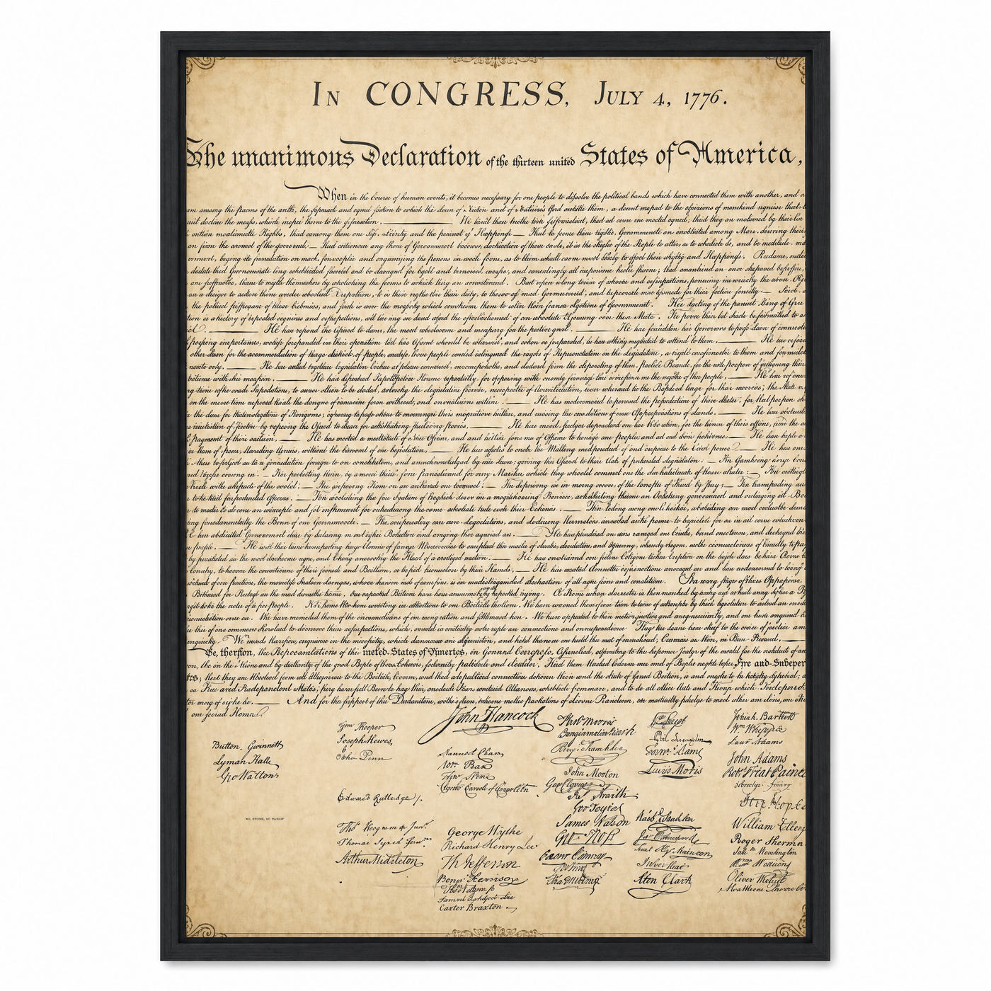 The Declaration of Independence framed print, clean studio product view on matte museum fine-art paper in a black frame.