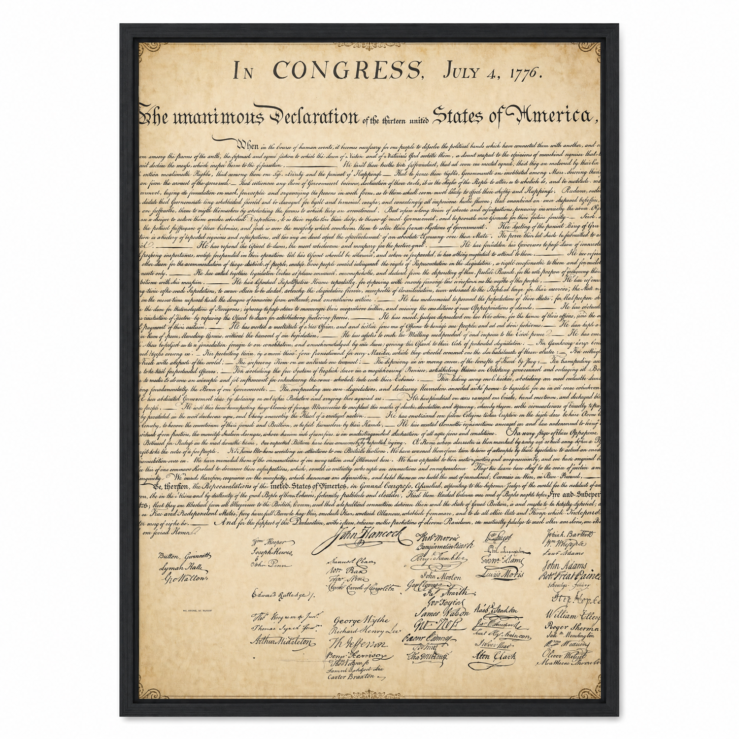 The Declaration of Independence framed print, clean studio product view on matte museum fine-art paper in a black frame.