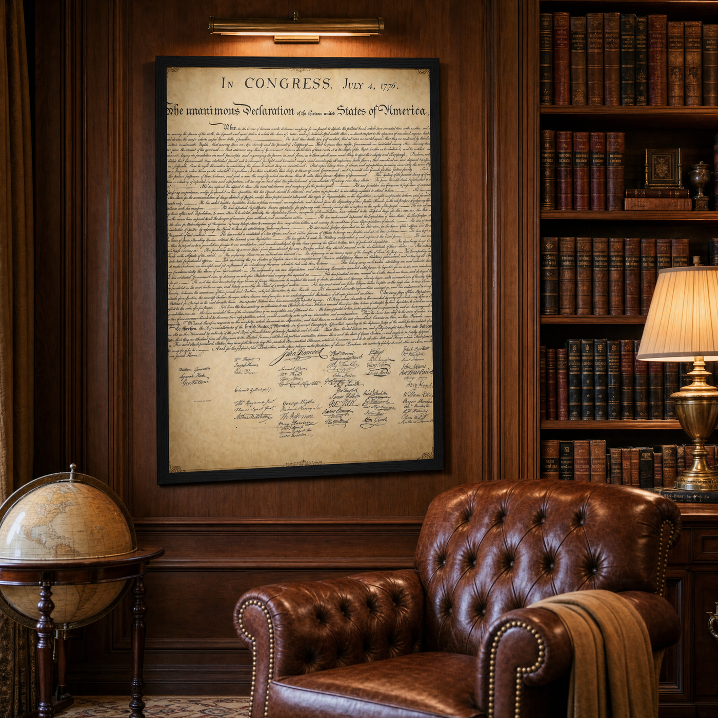 The Declaration of Independence framed print, 24x36 inch, shown in a traditional wood-paneled library with a globe and leather chair.