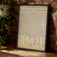 The Declaration of Independence framed print leaning against an exposed brick wall in a black frame.