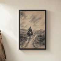 The Drifter framed charcoal print, matte black frame, shown on a warm white wall — ready to hang.