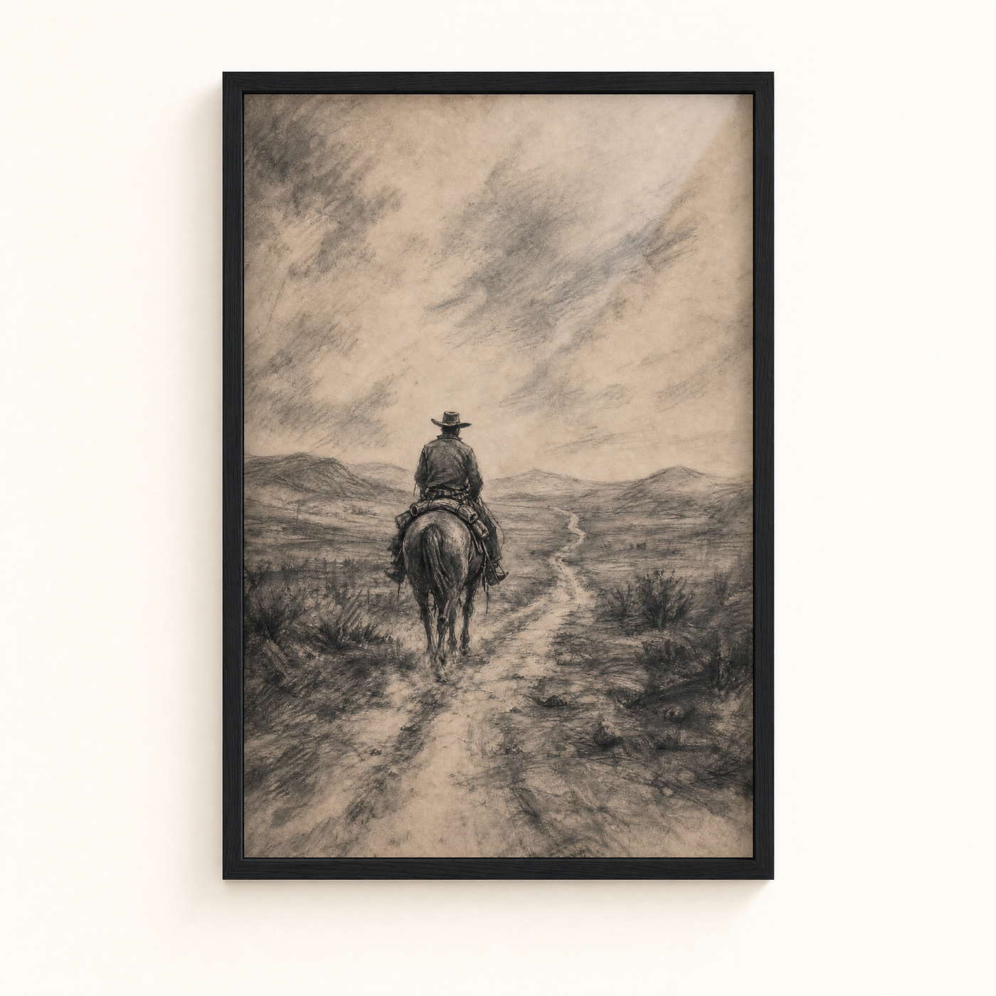 The Drifter framed charcoal print, matte black frame, clean studio product view on matte museum paper.