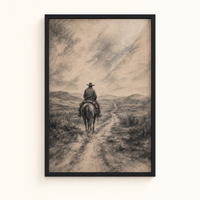 The Drifter framed charcoal print, matte black frame, clean studio product view on matte museum paper.
