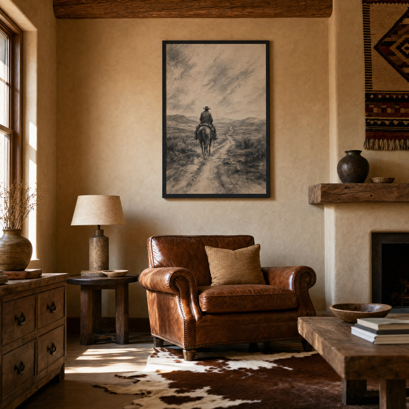 The Drifter framed charcoal print, matte black frame, 24×36″, shown above a leather armchair in a ranch living room.