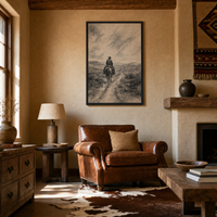The Drifter framed charcoal print, matte black frame, 24×36″, shown above a leather armchair in a ranch living room.
