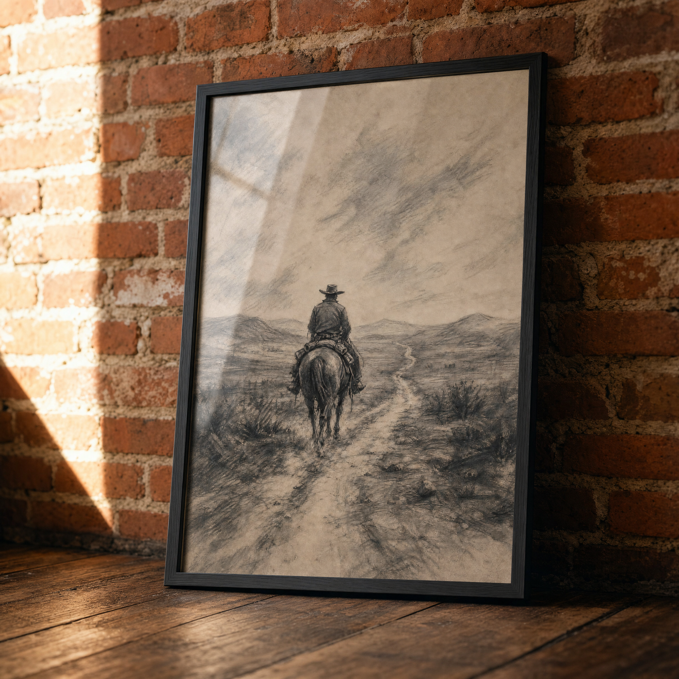 The Drifter framed charcoal print, matte black frame, leaning against an exposed brick wall.