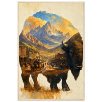 Wooden framed poster of a bison silhouette against a mountain frontier town, ready to hang.